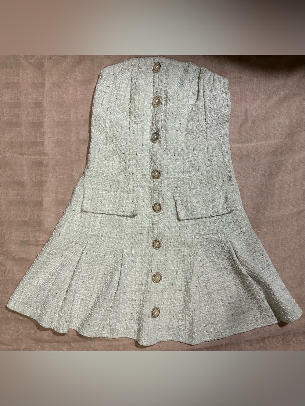 SHEIN Cream Tweed Pearl-Button Ponte Dress